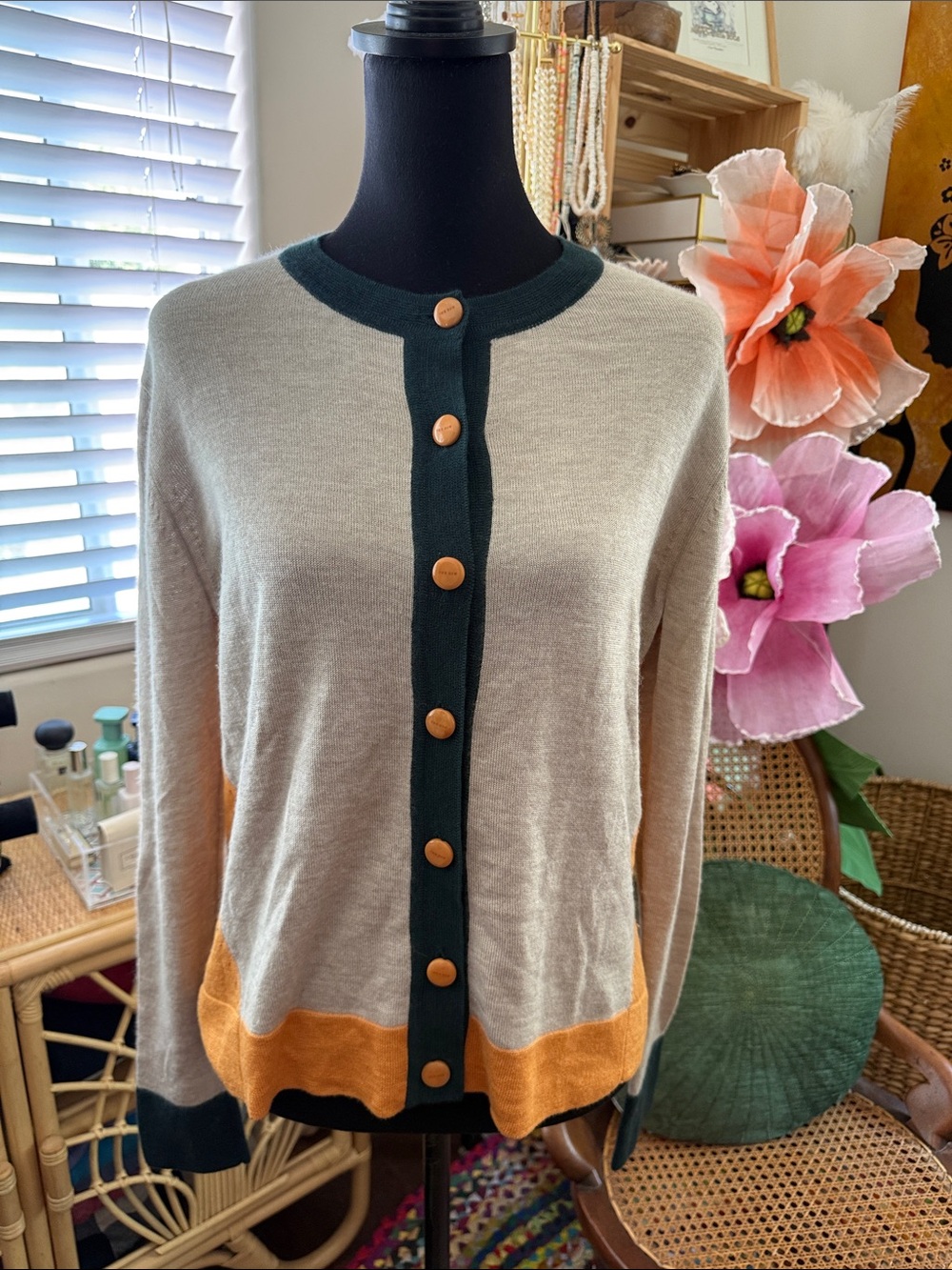 The Row Colour Block Knit Long Sleeve Button Quiet Luxury Preppy Chic Cardigan